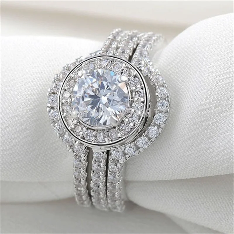 

Mifeiya 3 Pcs /Set White Round Shiny AAA CZ Rhinestone Crystal Ladies Wedding Ring for Women Party Engagement Jewelry Size 5-12