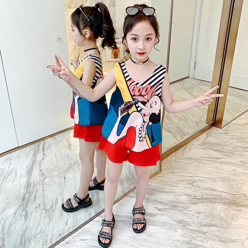 

Infant Clothes Toddler Children Summer Baby Girls Clothing Sets Cartoon Print 2pcs Clothes Kids Summer Set Vest+Solid Shorts