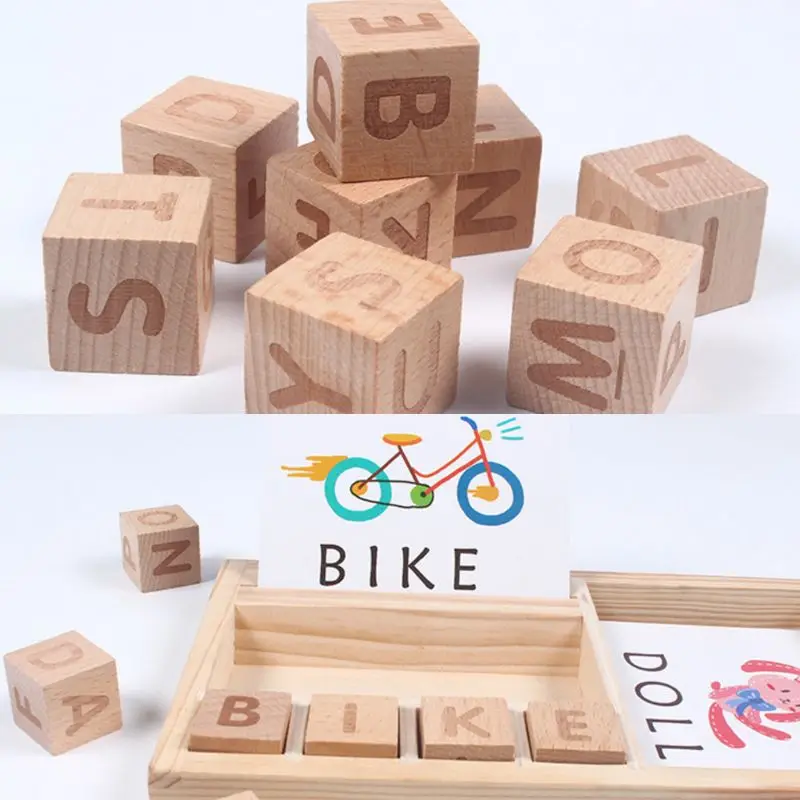 

Baby Wooden Toy Spelling English Word Game Building Blocks Letters Cardboard Montessori Teaching Aids Preschool Education Tools