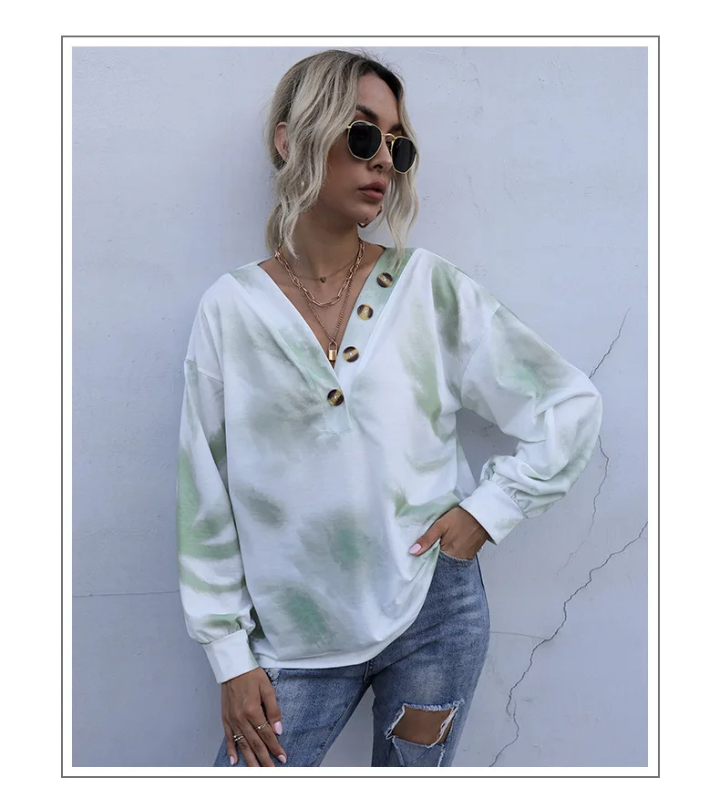 

V-Neck Tie-Dye Sweater Fall Winter Thin Hoodies Ladies Loose Casual Harajuku Long Sleeve Pullover Sweatshirts Women Tops 2021