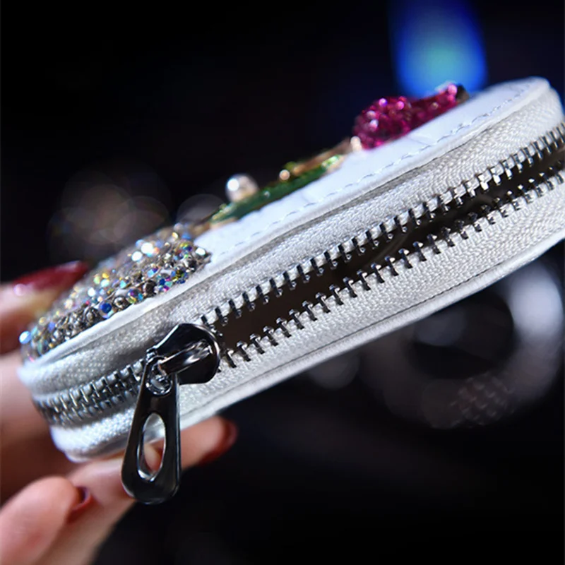 

Fashion Leather Car zipper Key Case Diamond Crystal Rose Car Key Wallet Bag Luxury Rhinestones Key Holder Storage Cover Keychain