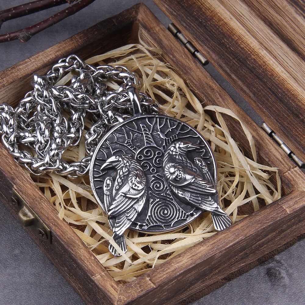 

norse talisman Odin's Ravens Two Ravens Huginn and Muninn pendant on the tree of life necklace