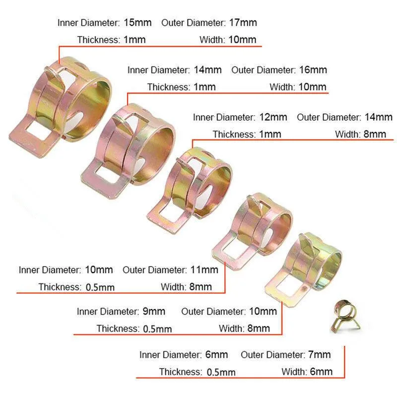 

Set Spring Clip Steel 6 Sizes Universal 6-15mm Water Waterproof Air Clamp Fastener