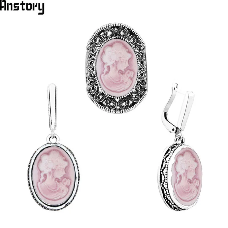Lady Queen Cameo Jewelry Sets Vintage Necklace Earrings Ring For Women Flower Pendant Fashion Party Fashion Jewelry