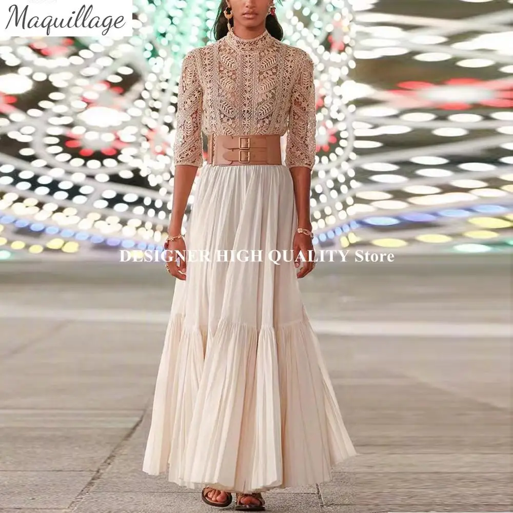 

Модельное дизайнерское Модное Длинное Платье с узким поясом и круглым вырезом, кружевные лоскутные плиссированные пляжные длинные платья, ...