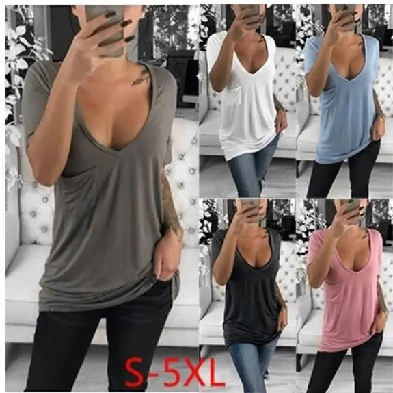

Summer Large Size Women's Short-sleeved Packet Slim Solid Color V-neck Sexy Clothing Tshirt Tee Top