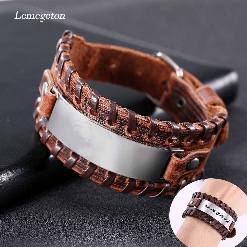 Lemegeton браслет на заказ для мужчин и женщин из натуральной кожи нержавеющей стали