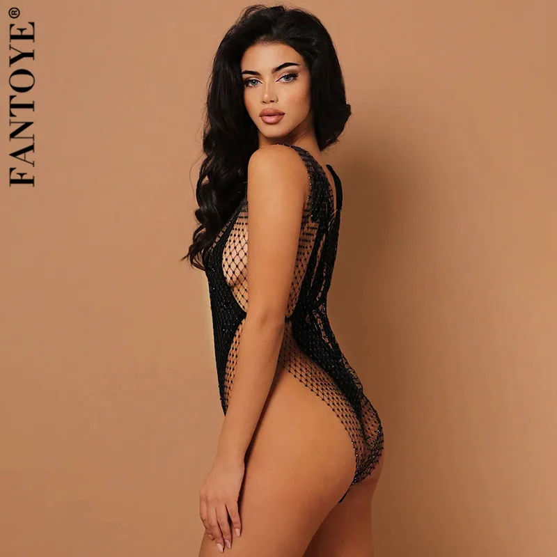 Женское пляжное боди Fantoye черное Открытое без рукавов с бриллиантами новинка 2021