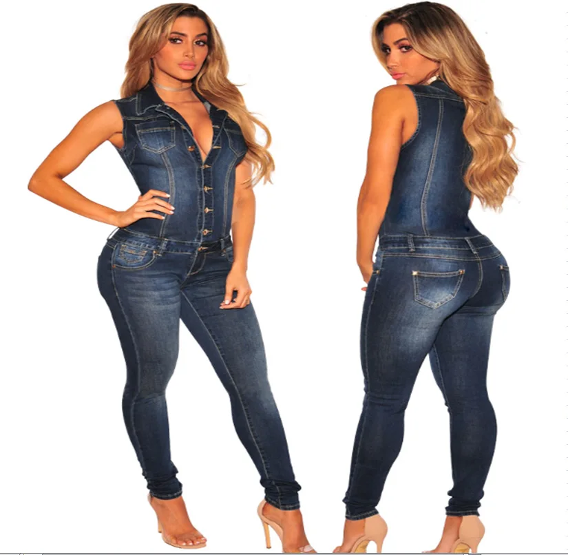 

JLX8696 Euro American summer new denim casual slim sleeveless Lapel button splicing one-piece pants spot supply wholesale
