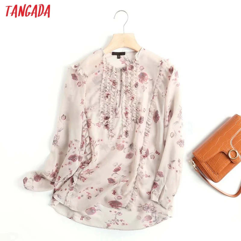 

Tangada 2022 Spring Women Ruffles Flowers Print Blouse Long Sleeve Chic Female Office Lady Shirt Blusas Femininas 4C240