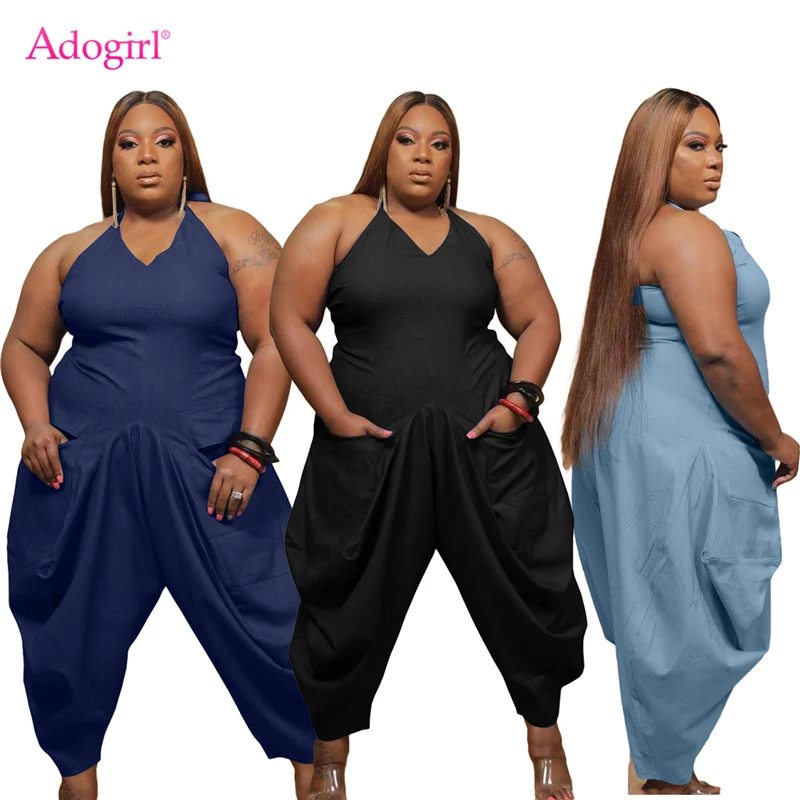 

Adogirl XL-5XL Plus Size Women Spaghetti Straps Loose Jumpsuit with Big Pockets Haren Pants Summer Casual Romper Overalls