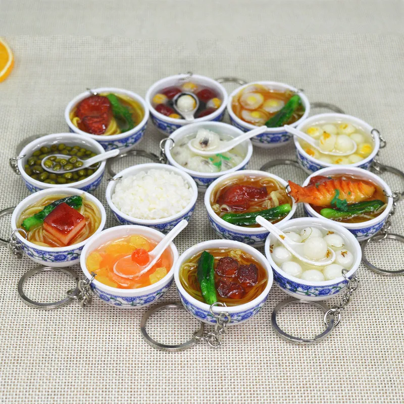 Key Chain Simulation Chinese Food Small Bowl Pendant Toy Model Keyring Blue and White Porcelain Noodle Mini Play Props