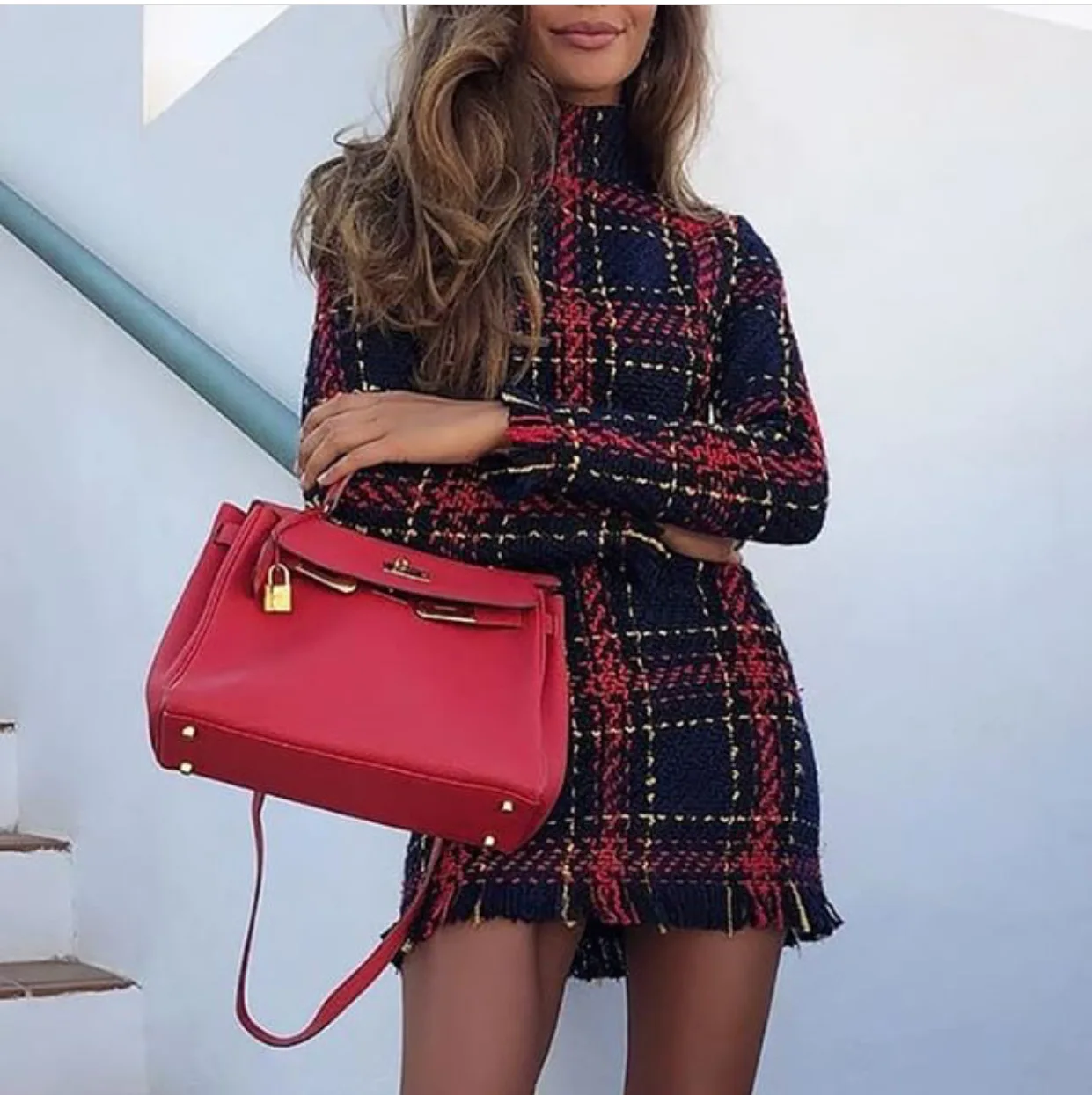 

European and American women's new autumn and winter plaid long-sleeved slim casual versatile dress