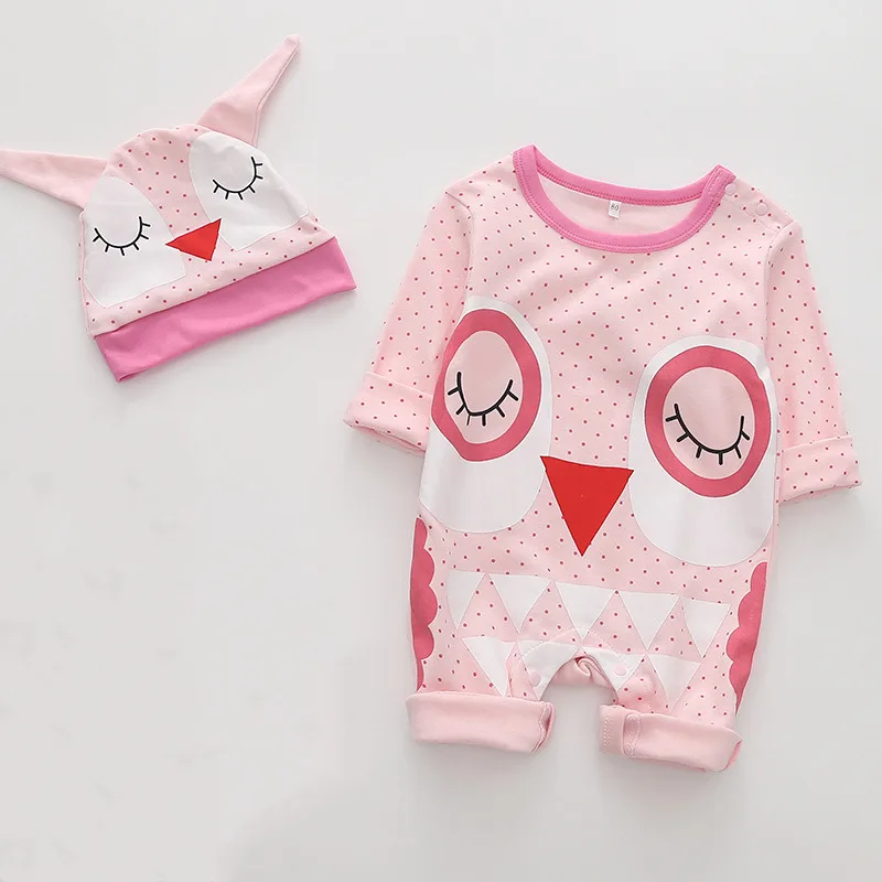 

Infant Baby Girls Pink Romper Clothes Lovely Owl Animal Cosutme One Piece Long Sleeve Jumpsuit+Hat 2 Pieces Clothes Set