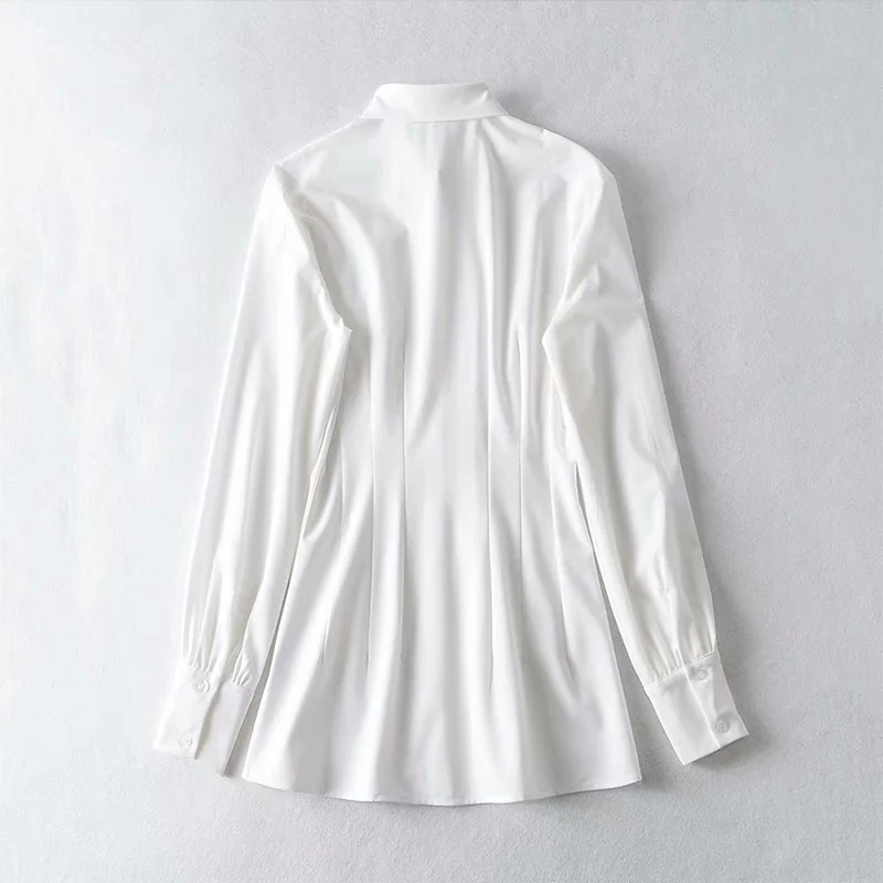 

Long Sleeve Casual White Women's Blouses Summer 2021 Thin Tight Waist Pleated Female Shirts Turn-Down Collar Office Lady Fashion