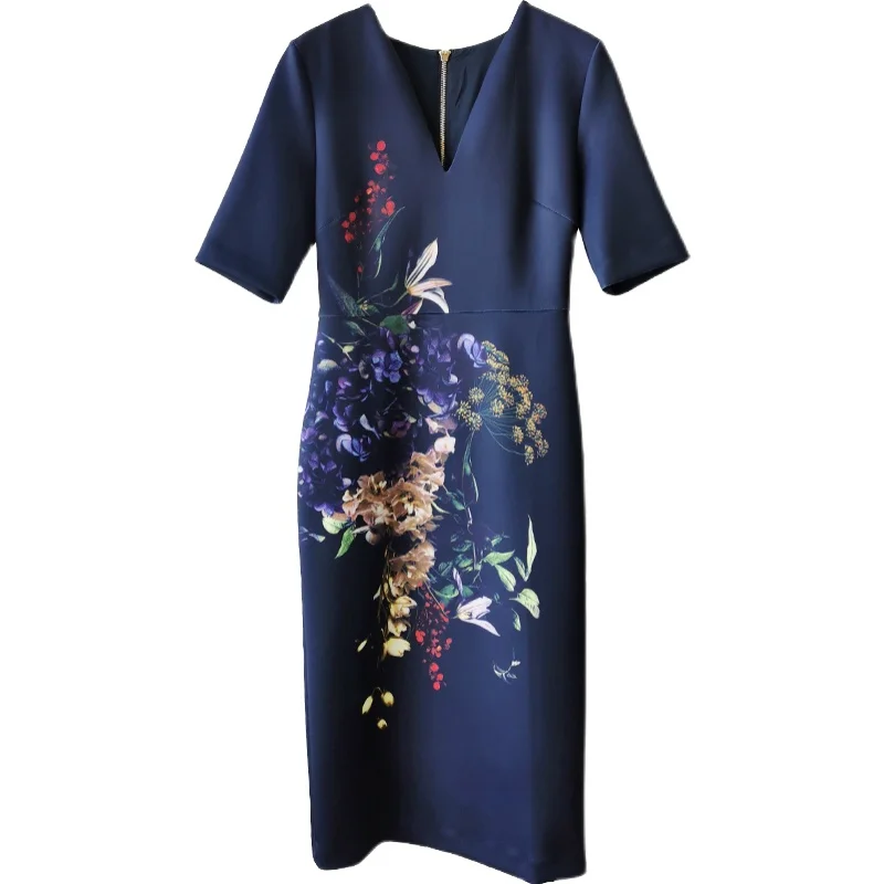 2021 New Spring Navy Blue Bodycon Floral Print V Neck Midi Elegant Dress Size 0-5  Cheongsam Dress