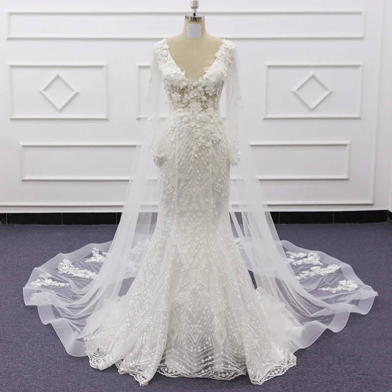 

Eslieb V-neckline Lace Mermaid Cape Appliques Beading Pearls Wedding Dress Long Sleeve Court Train Zipper SJ294