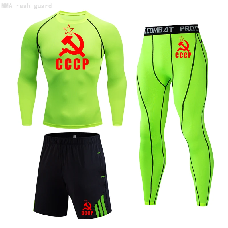 

Sports Compression clothing Men's running set 3 pc Quick dry Bodybuilding T-Shir Run pants rashgard male Tshirt Gym running Men