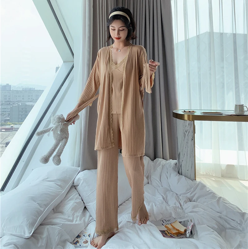 Сексуальный женский халат пижама 3 шт. ремень топ брюки костюм одежда для сна