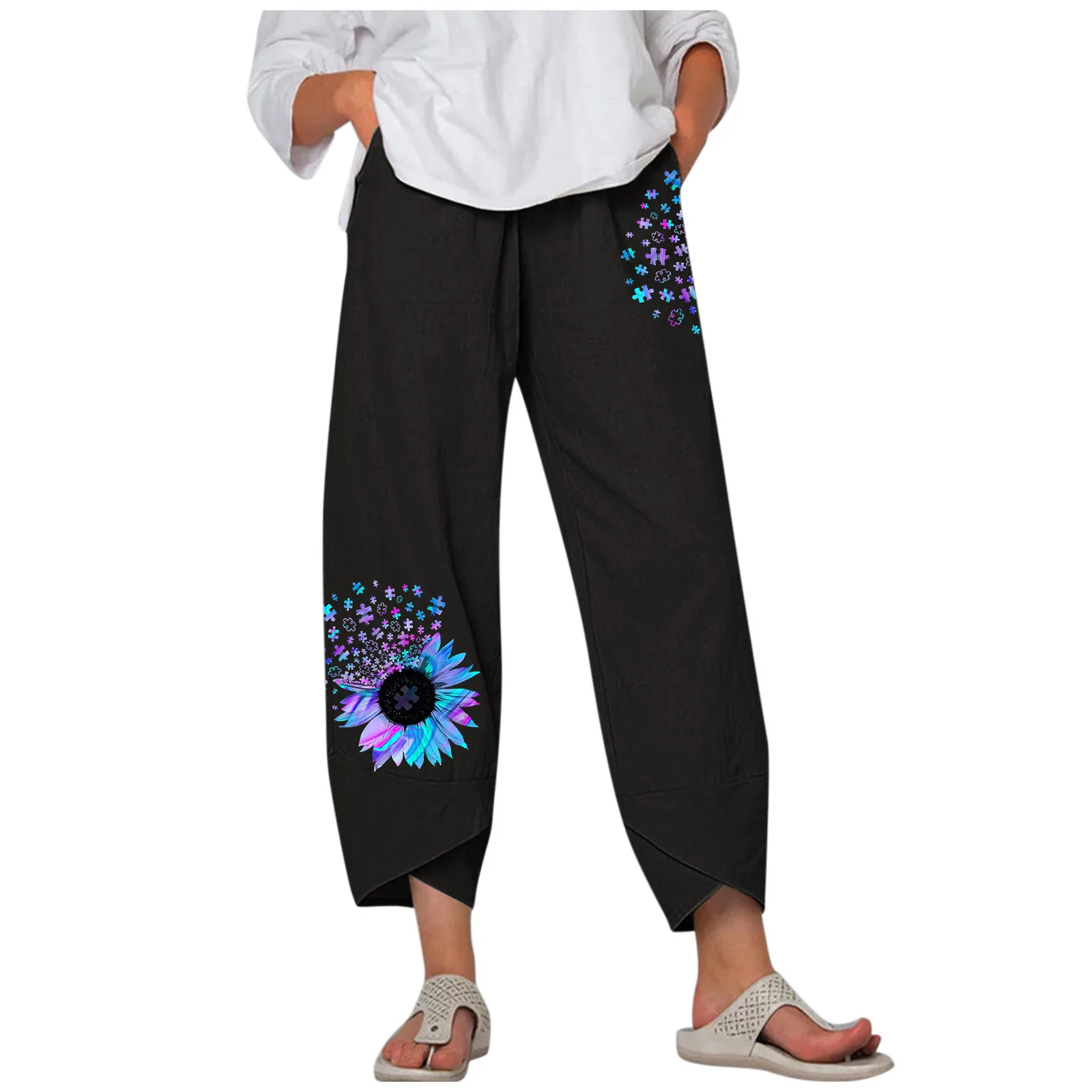 

New casual pants ladies loose printed cotton and linen loose pants retro men and women all-match street clothing woman 2021