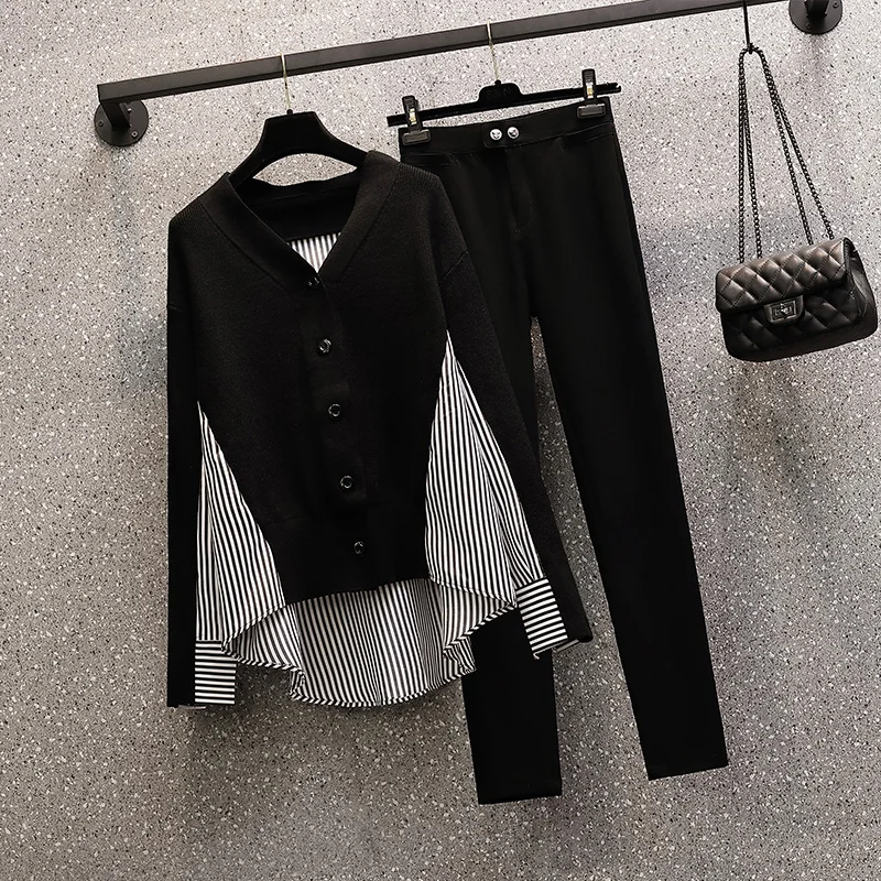 Plus Size Women's Spring 2021 New Fat Sister Age Reduction Striped Stitching Knitted Shirt Casual Pants Two-piece Suit