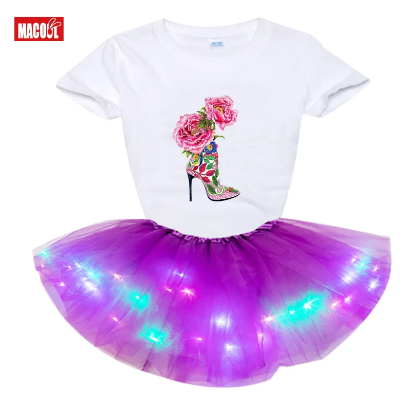 Dress Fashion Light LED Tutu Dress+t Shirt 2 Pcs Set Kids Girls Party Dresses Summer Girl T Shirts Rainbow Tutu Dress T Shirt
