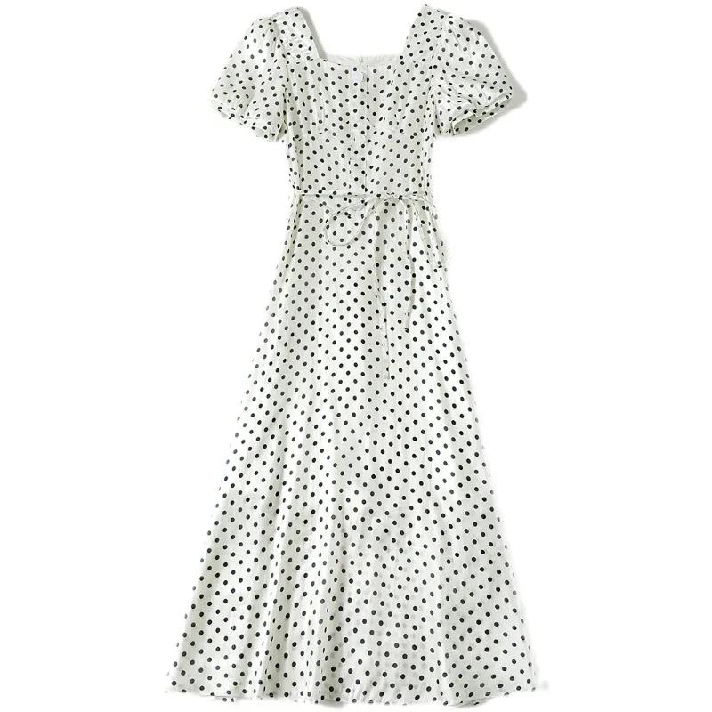 

Gezelligheid Dresses For Women Summer 2021 New Fashion Elegant French Dot Long Temperament Short Sleeve Slim White Midi Dress