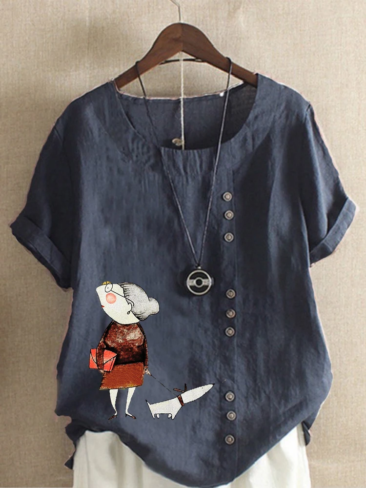 Женская Повседневная Catton бабушка с собакой печатные льняные топы круглым