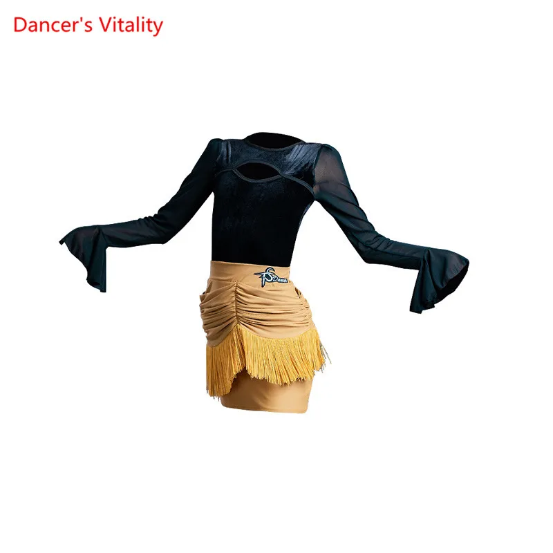 

Latin Dance Set Velvet Body Suit Long Sleeve Tassel Skirt Practice Clothes Profession Custom Adult Child Performance Clothing