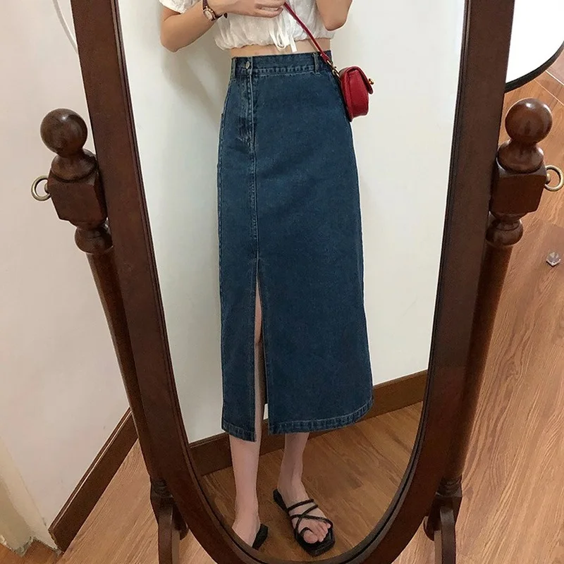 

Summer Lazy Ins All-match Casual Denim Skirts Women High Waist Slim Thin Fashion Korean Split A-line Skirt Office Lady Wears New