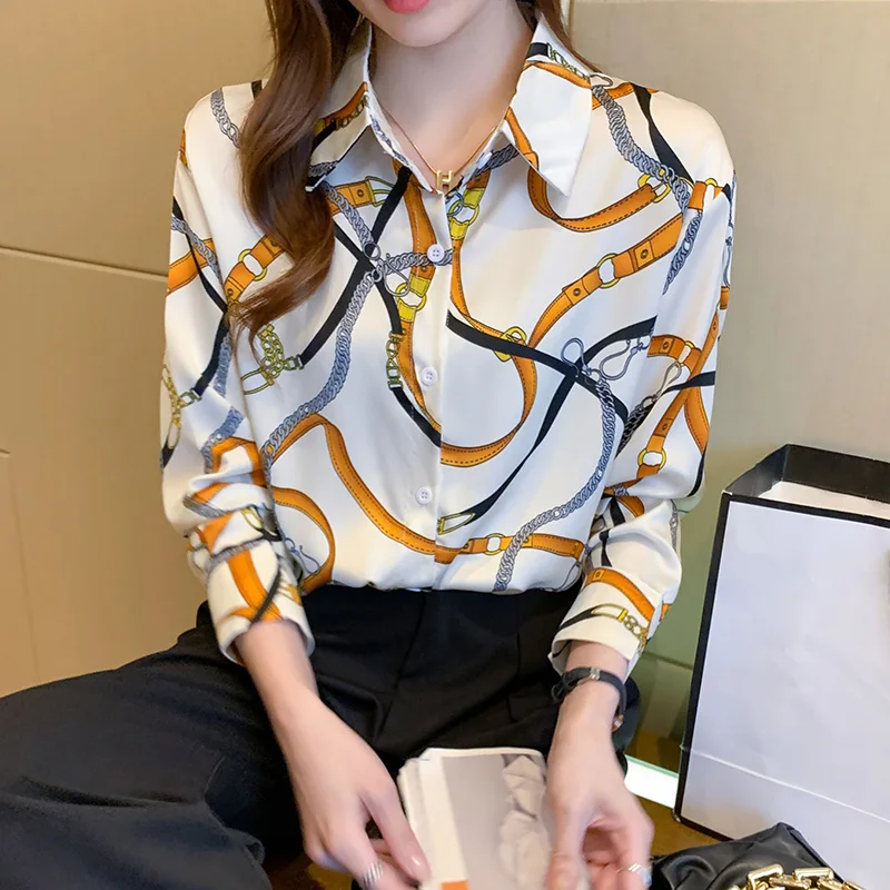 

Women's Blouse Print Polo Shirt New Casual Loose Chiffon Plus Size Summer Lady Long Sleeve Top Houthion
