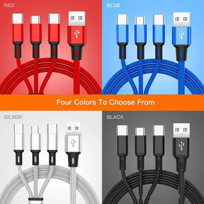 1 2m 2 4a quick 3 in 1 nylon braided charging cables 8 pin micro usb type c for samsung android charger cord fast phone cable free global shipping
