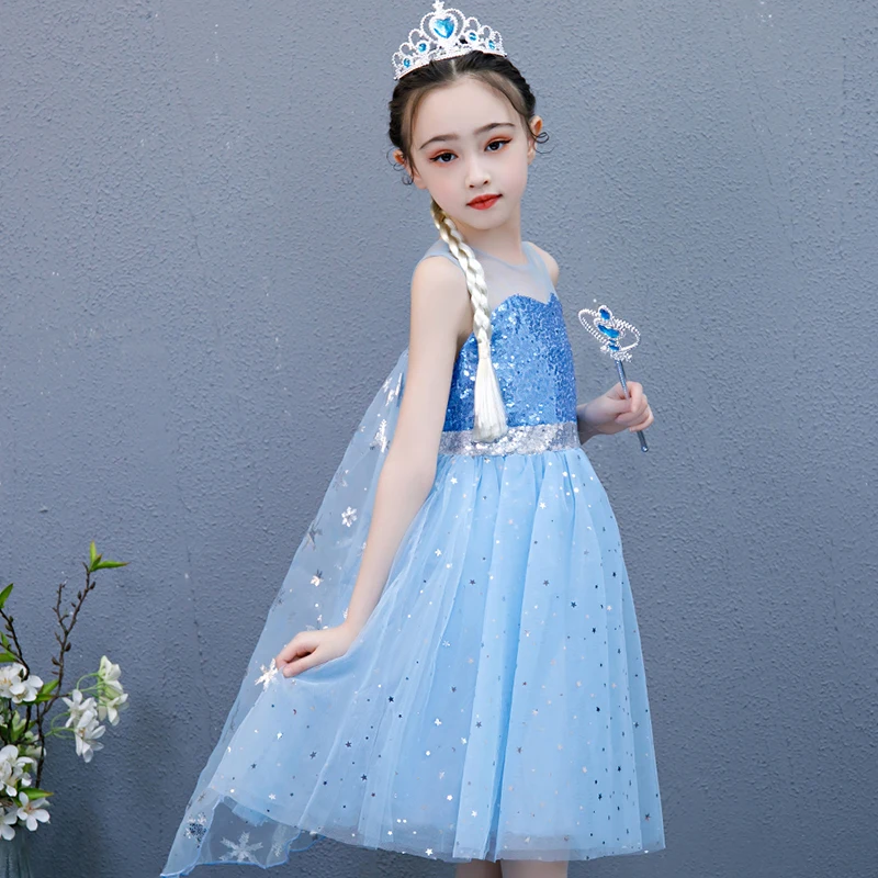 

2020 Summer sleeveless girls dress Blue Elza sequins kids clothes Snowflake snow queen Party Costume children clothes