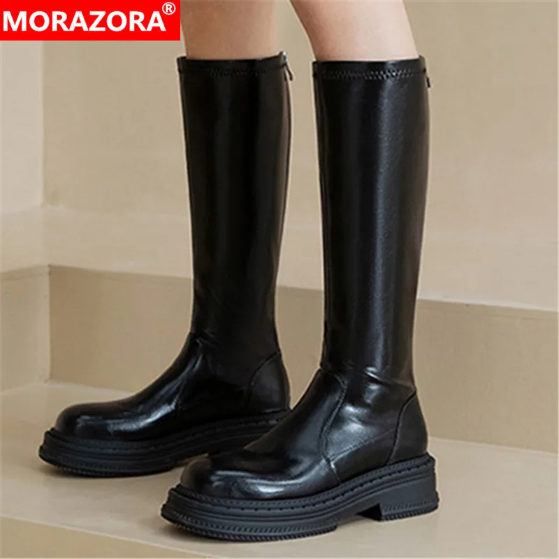 

Женские сапоги Стрейчевые MORAZORA, черные сапоги до колена на толстой подошве, с круглым носком, на молнии, Осень-зима 2022