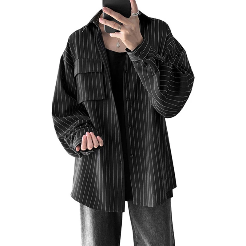 

Mens Harajuku Shirts Spring Autumn Long Sleeve Shirt Loose Turn-down Collar Striped Long Sleeve Shirt For Male Handsome Clothing