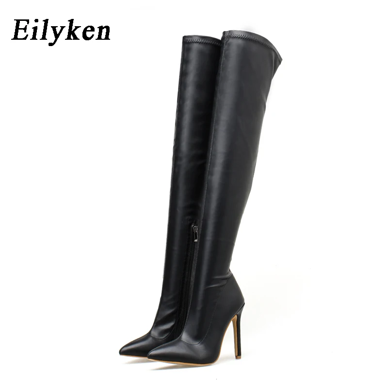 PU Black Eilyken/модные зимние женские сапоги выше колена пикантные женские сапоги из искусственной кожи на высоком каблуке с острым носком на молнии для ночного клуба размер 42 - Цвет: PU Black