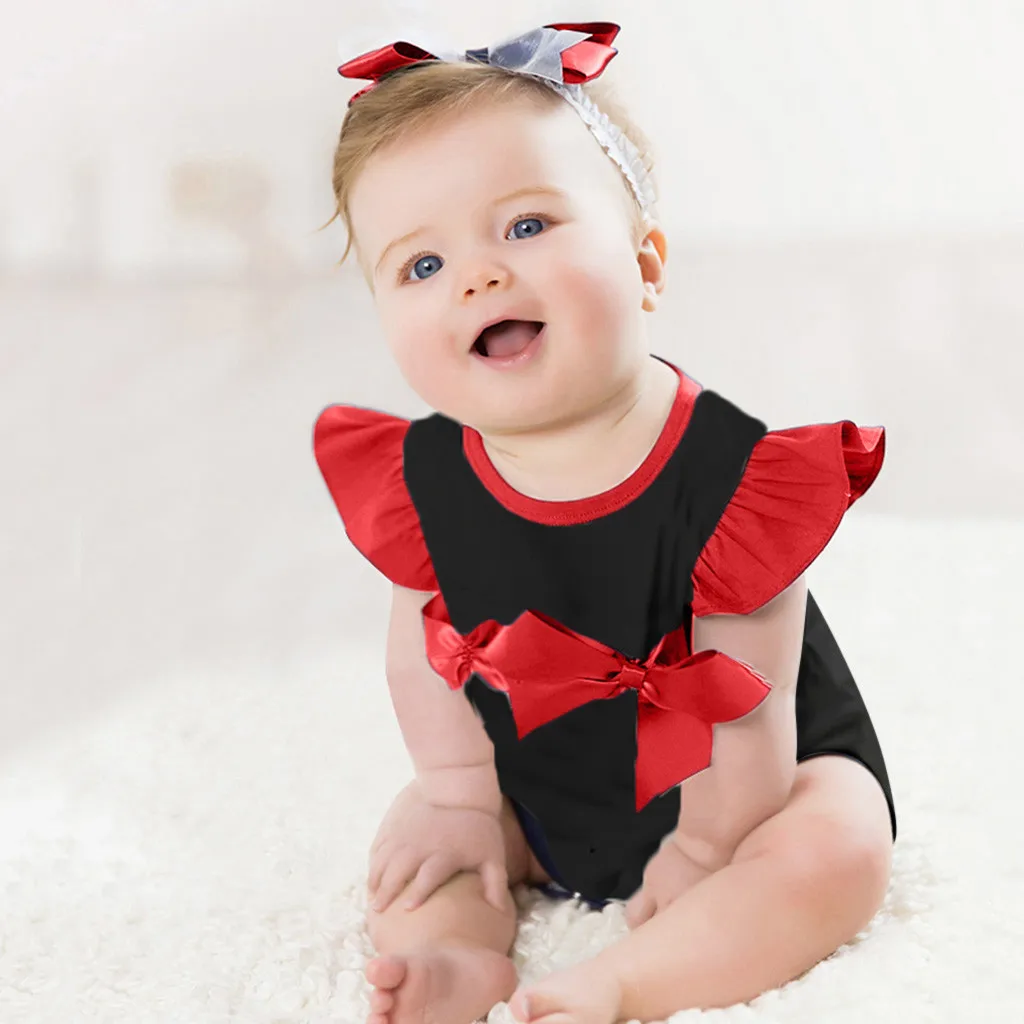 

Child Baby Jumpsuits Summer Baby Boys Girls Jumpsuits Fly Sleeve Solid Print Bow Romper Bodysuit Clothes Jumpsuit