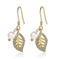 fashion yellow gold leaf pearl cz zircon 925 sterling silver ladies drop earrings jewelry for women promotion gift