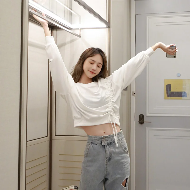 

Korean Chic White Sweatshirt Women Long Sleeve Drawstring Loose Hoodies Casual Streetwear Female Spring Autumn Top