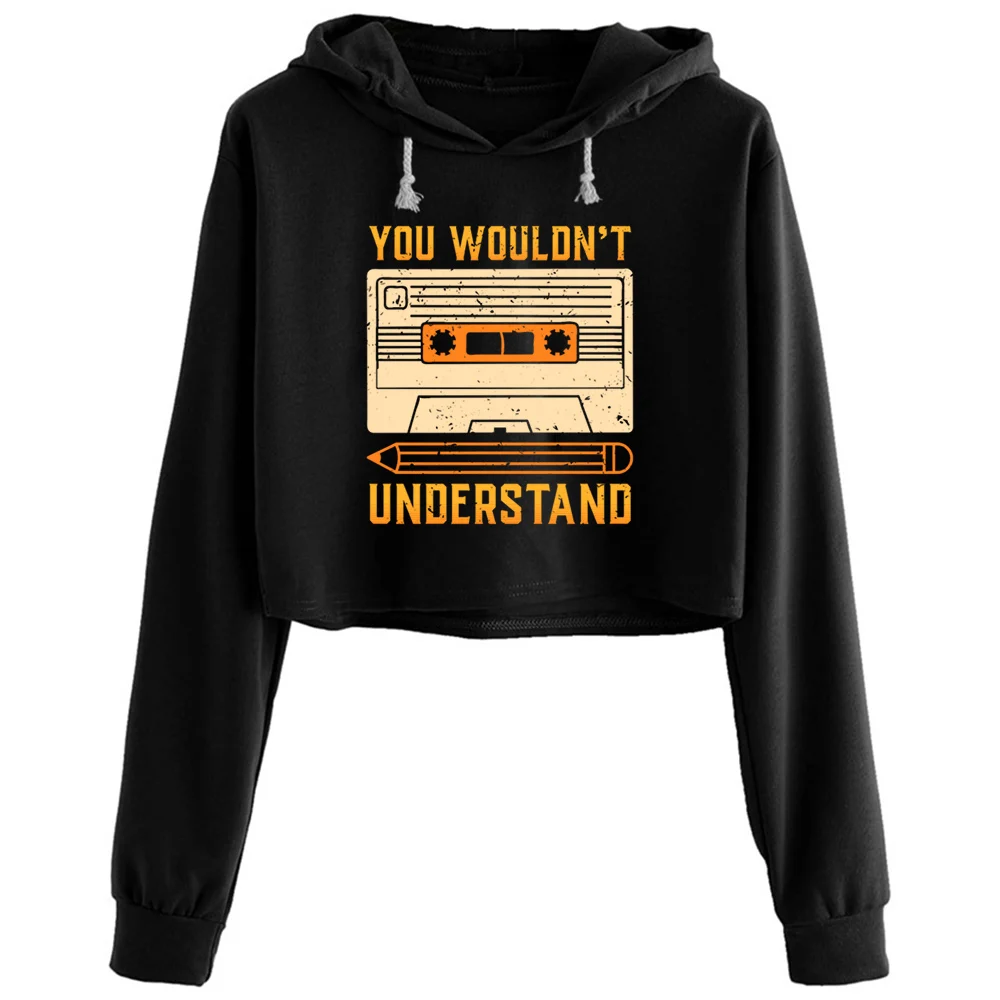 

80s 90s Music Cassette Tape Retro Idea Crop Hoodies Women Y2k Kawaii Goth Grunge Pullover For Girls