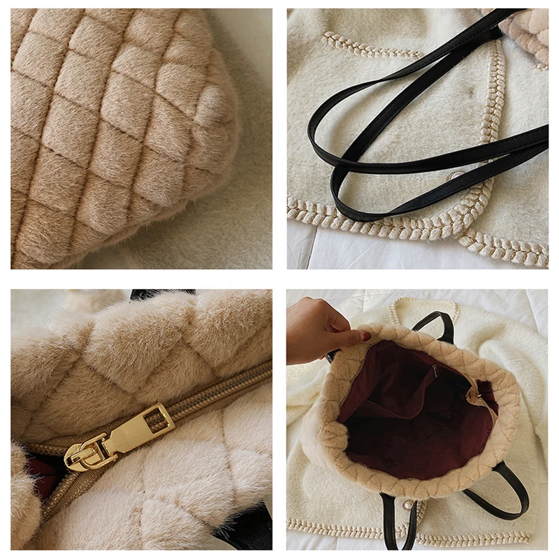 Diamond Pattern Bags For Women 2021 New Soft Fluffy Bag Furry Handbag Solid Fur Crossbody Shoulder Bag Casual Plush Tote Bag Sac