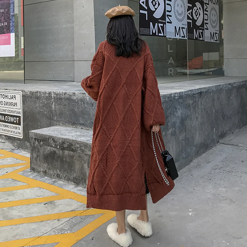 Женский Свободный Длинный Свитер С перекрученной тканью рукав-фонарик вязаный