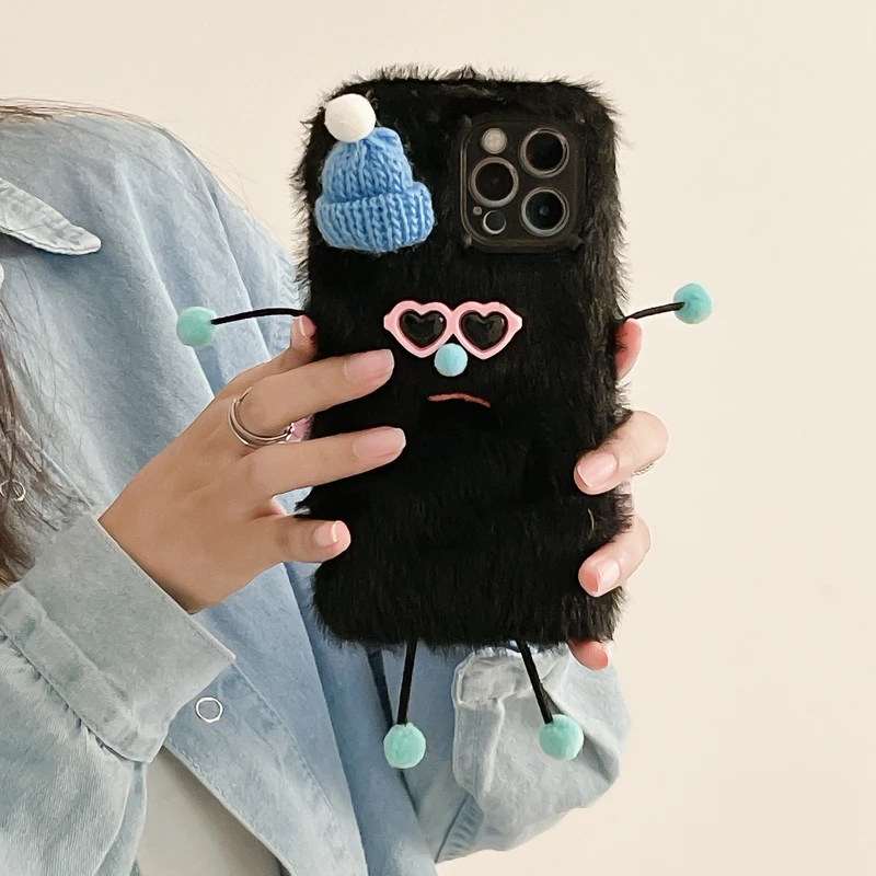 

Korean Funny Cute Furry Sunglasses Monster Phone Case For iPhone 11 13 12 Pro X Xs Max XR 7 8 Plus Case Warm Plush Soft Cover