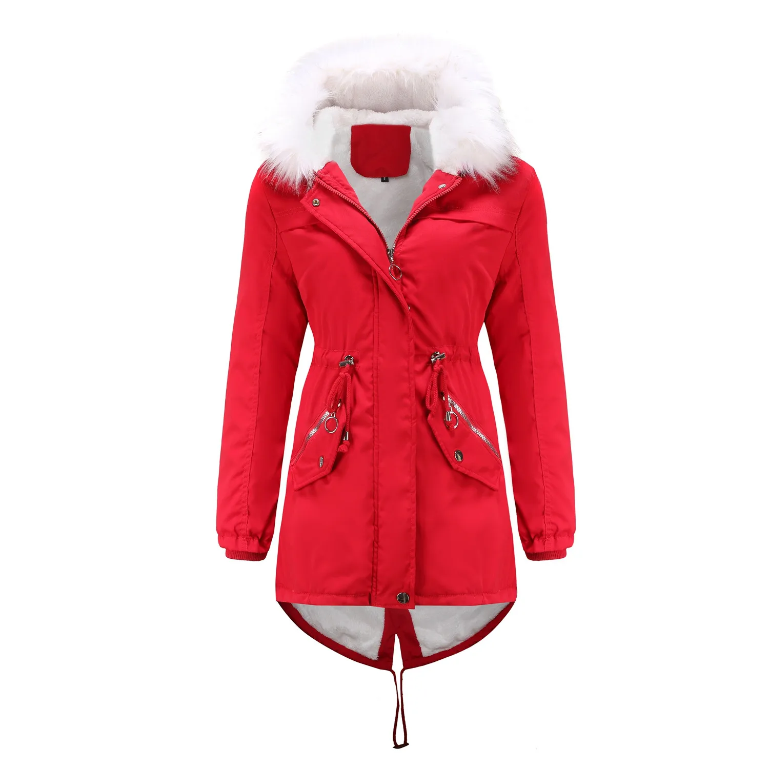 

Women's Red Coat Warm Jacket Outwear Fur' Lined Trench Winter Hooded Thick Overcoat Wool Woman 2021 Fashion Ropa De Mujer