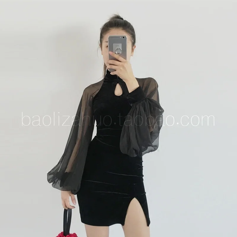 Шифоновое бархатное женское платье с рукавами фонариками сексуальные платья