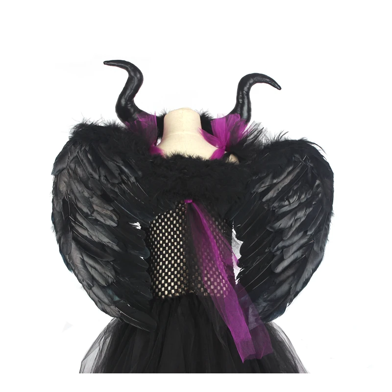 Maleficent/платье-пачка «злая королева» для девочек с роговыми крыльями; костюм ведьмы для косплея; детское праздничное рождественское платье