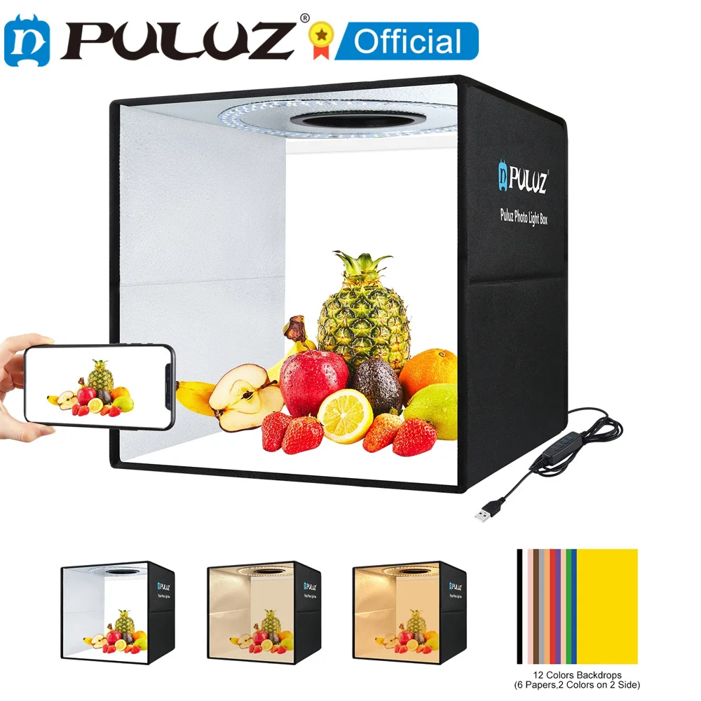 PULUZ 40cm Portable 3200K-6500K Ring LED USB Photo Lighting Desktop Shooting Tent Studio Box With 12 Color Backdrops Lightbox