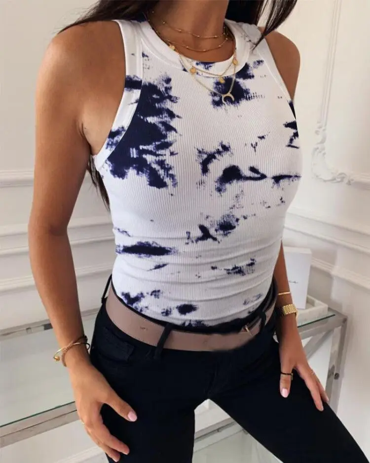

2020 Summer New Sleeveless Casual Print Round Neck Tank Tops Random Print Basic Skinny Elastic Women Top Binding