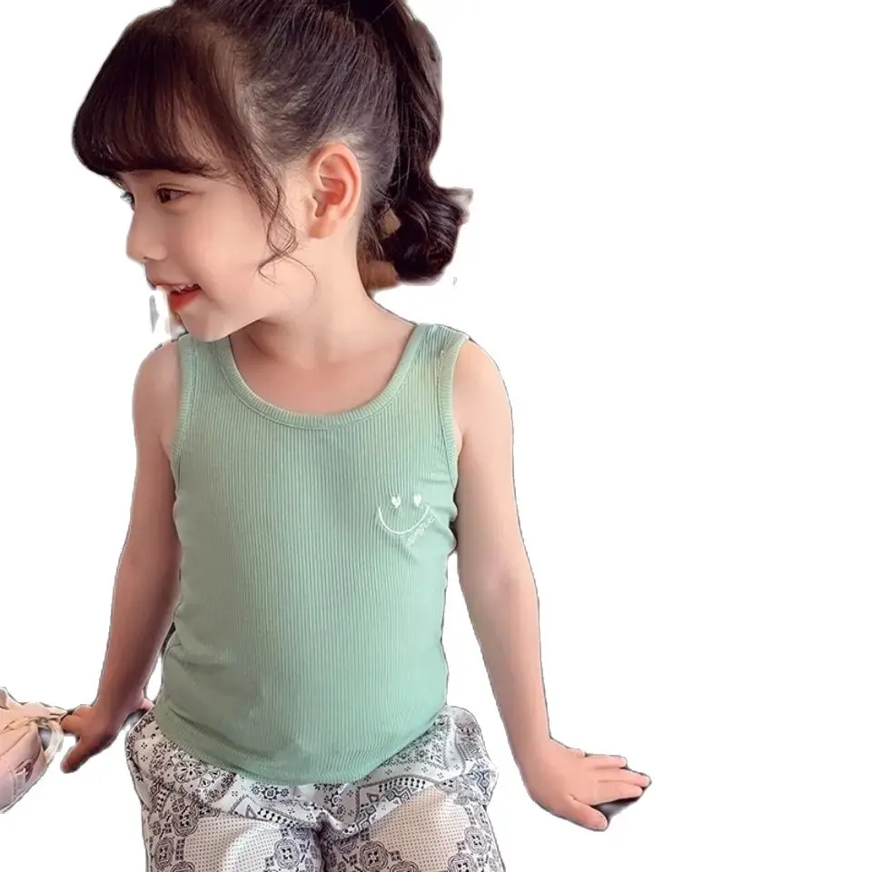 

Summer Cotton Girls Sleeveless Vest 2021 New Female Baby Solid Color Leaky Shoulder Small Sling Elastic Slim Bottoming Shirt Hot