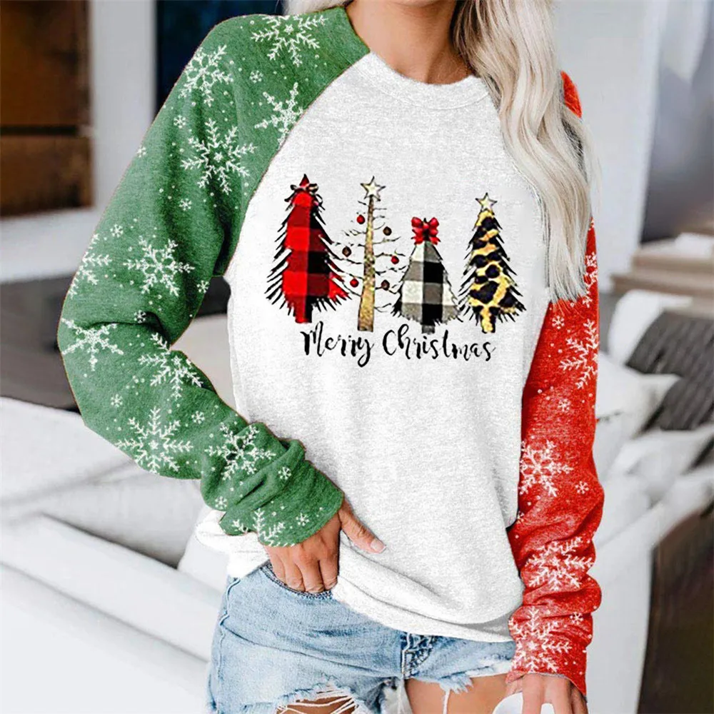 

Hoodies For Women Christmas Style Pattern Printed Loose Contrast Color Panelled Sweatshirt Casual Christmas Hoodies